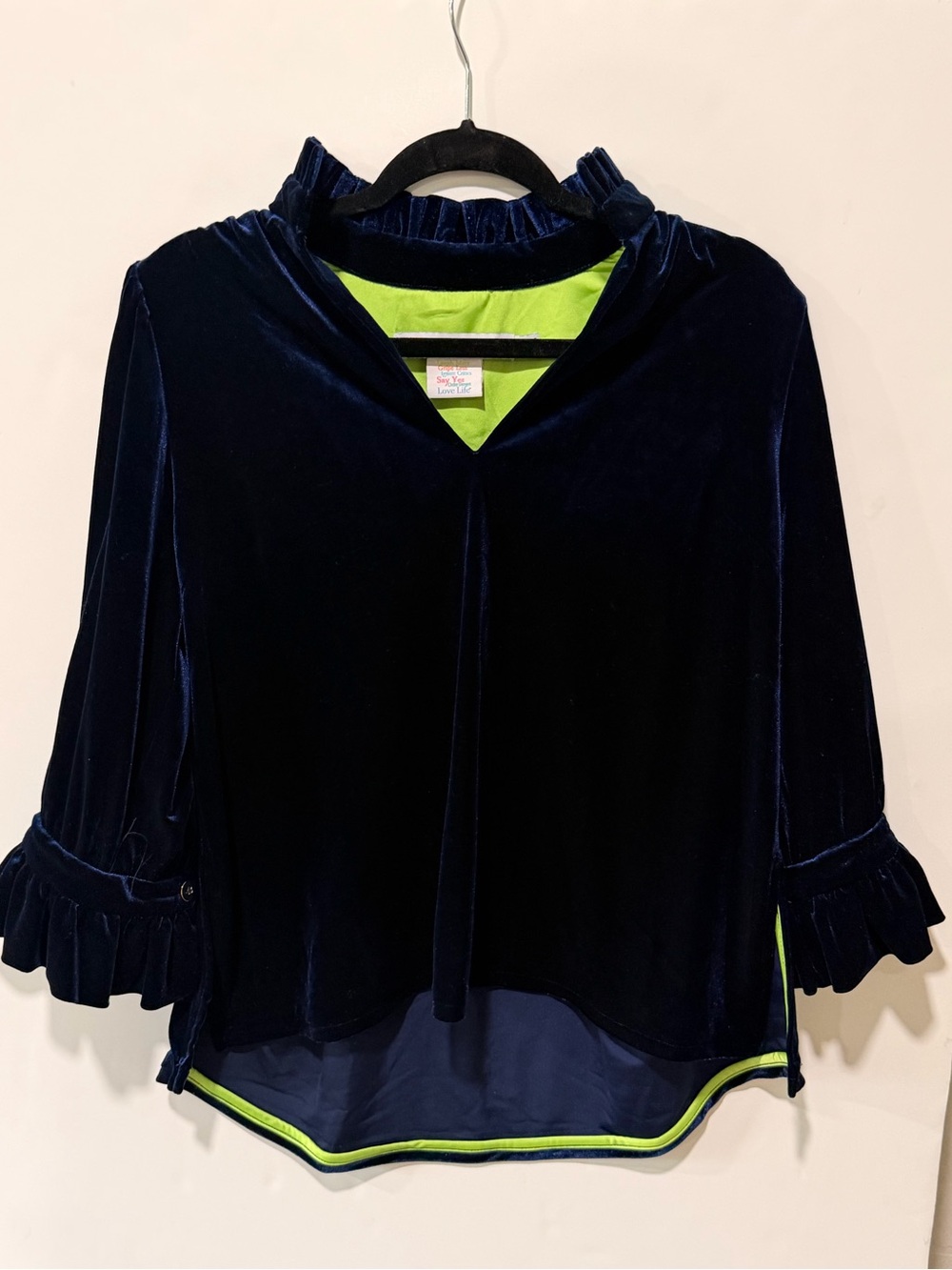 Gretchen Scott Navy Blue Velvet Ruffle Stand Collar 3/4 Sleeve Top Women Small